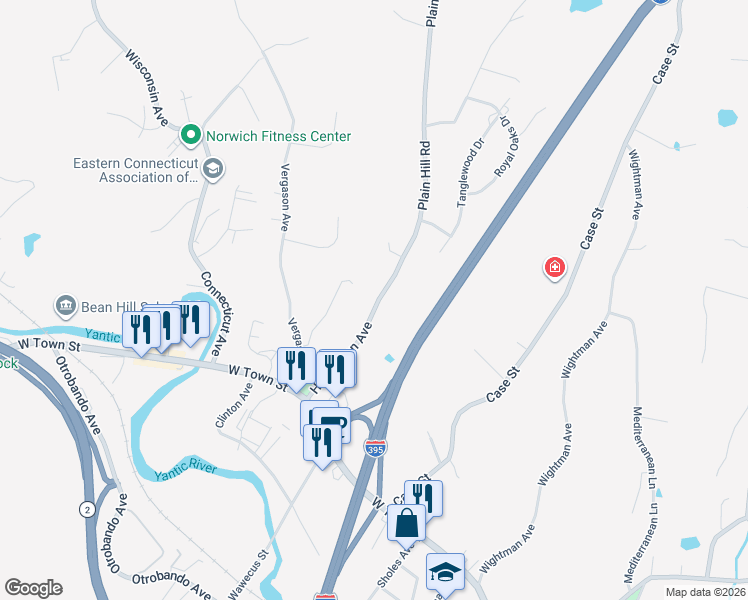 map of restaurants, bars, coffee shops, grocery stores, and more near 45 Huntington Avenue in Norwich