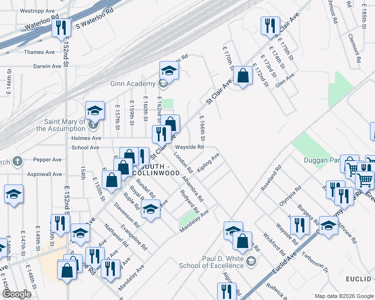 map of restaurants, bars, coffee shops, grocery stores, and more near 810 Wayside Road in Cleveland