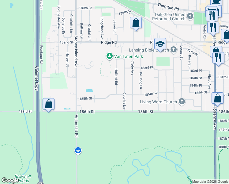 map of restaurants, bars, coffee shops, grocery stores, and more near 1809 185th Street in Lansing