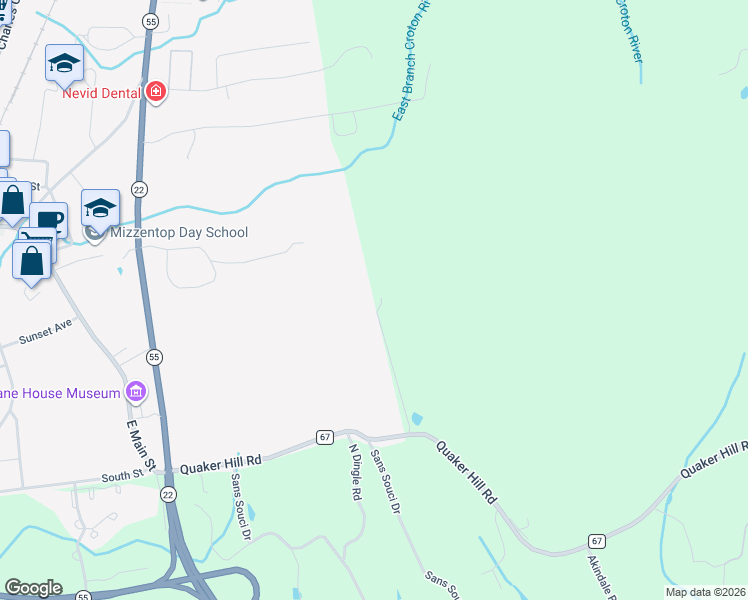 map of restaurants, bars, coffee shops, grocery stores, and more near 121 Quaker Hill Road in Pawling