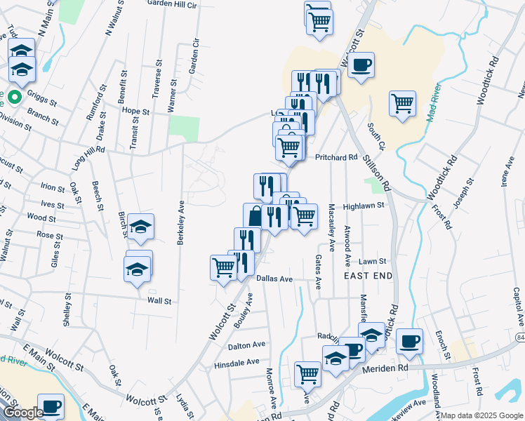 map of restaurants, bars, coffee shops, grocery stores, and more near 625 Wolcott Street in Waterbury