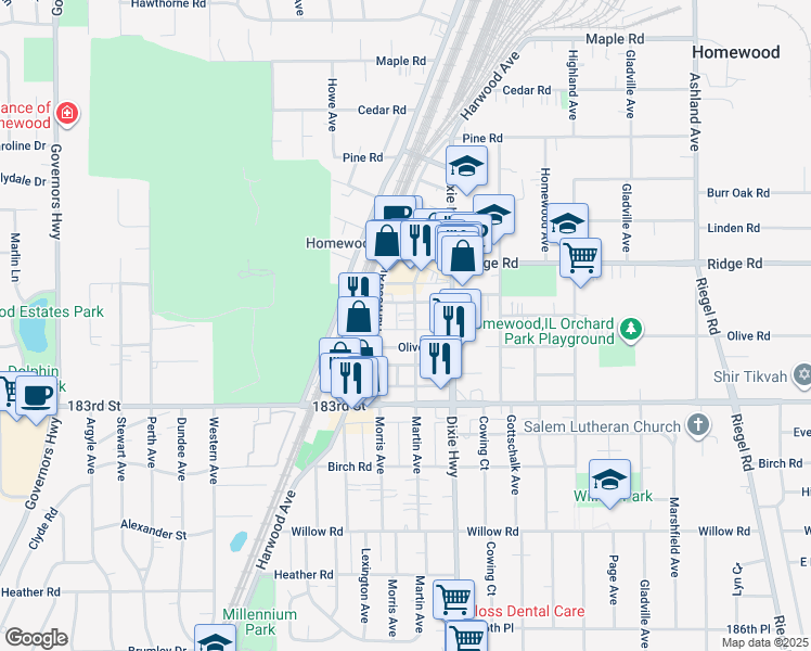 map of restaurants, bars, coffee shops, grocery stores, and more near 18154 Martin Avenue in Homewood