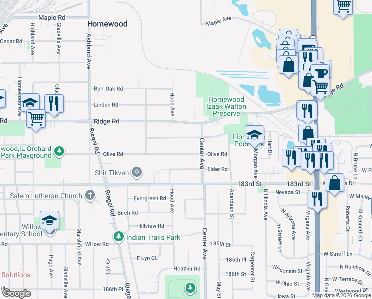 map of restaurants, bars, coffee shops, grocery stores, and more near 1253 Olive Road in Homewood