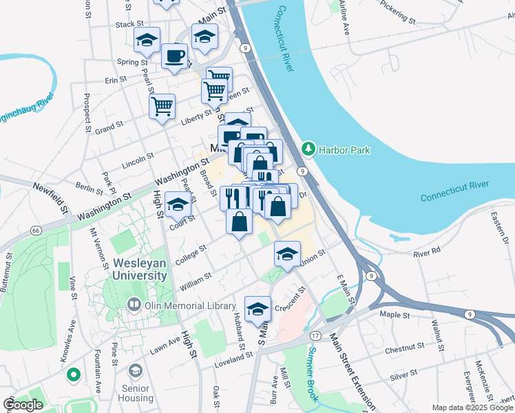 map of restaurants, bars, coffee shops, grocery stores, and more near 500 College Street in Middletown