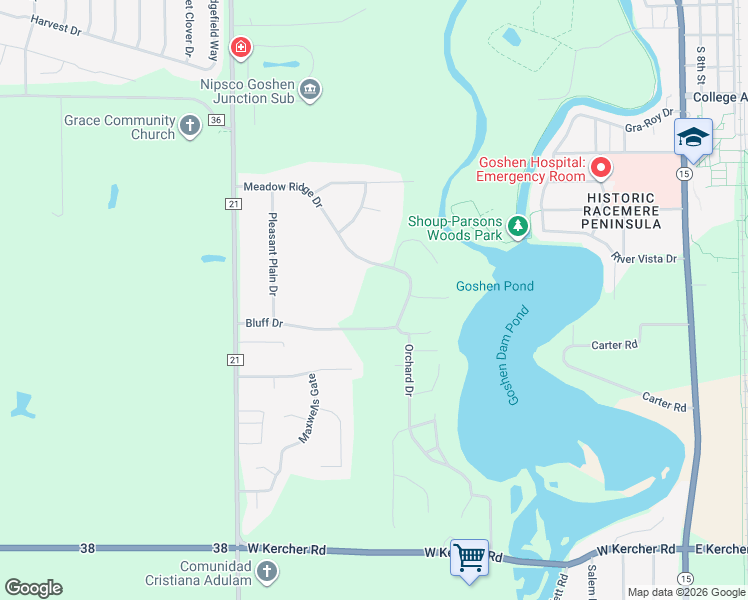 map of restaurants, bars, coffee shops, grocery stores, and more near 19775 Bluff Drive in Goshen
