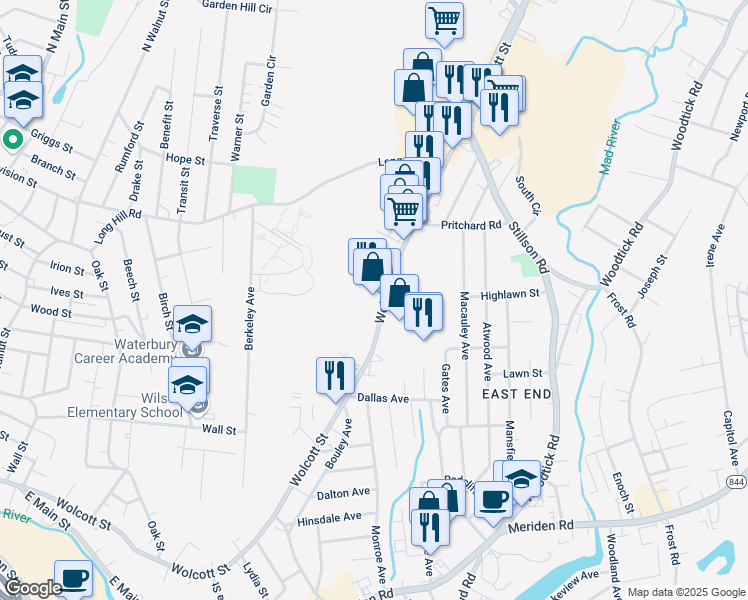 map of restaurants, bars, coffee shops, grocery stores, and more near 625 Wolcott Street in Waterbury