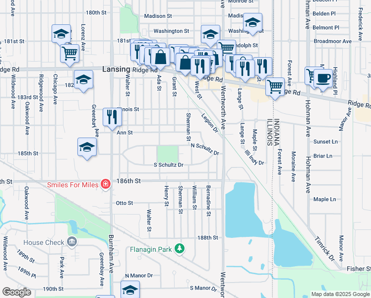 map of restaurants, bars, coffee shops, grocery stores, and more near 18456 Sherman Street in Lansing