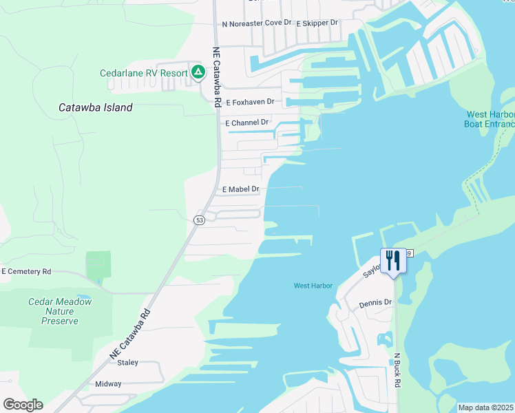 map of restaurants, bars, coffee shops, grocery stores, and more near 2361 Northeast Catawba Road in Port Clinton