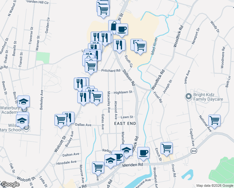 map of restaurants, bars, coffee shops, grocery stores, and more near 333 Atwood Avenue in Waterbury