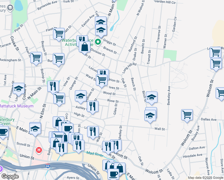 map of restaurants, bars, coffee shops, grocery stores, and more near 200 Wood Street in Waterbury