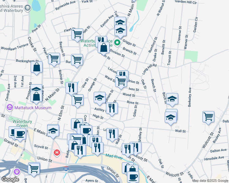 map of restaurants, bars, coffee shops, grocery stores, and more near 30 Putnam Street in Waterbury