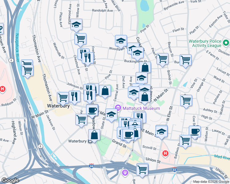 map of restaurants, bars, coffee shops, grocery stores, and more near 58 Holmes Avenue in Waterbury