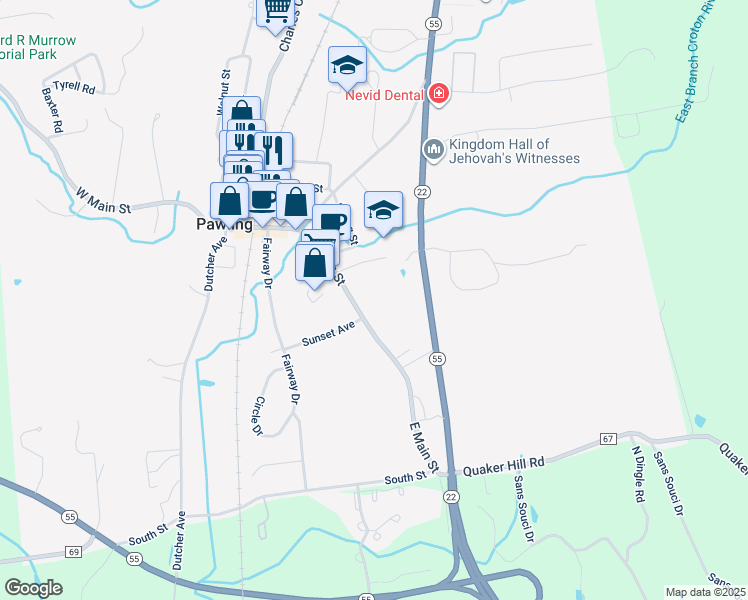 map of restaurants, bars, coffee shops, grocery stores, and more near 94 East Main Street in Pawling