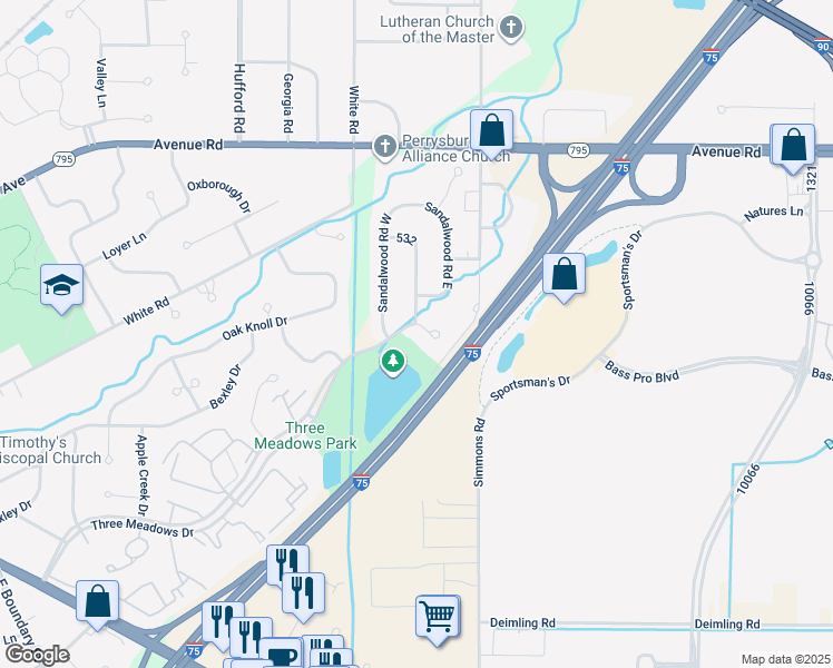 map of restaurants, bars, coffee shops, grocery stores, and more near 806 Three Meadows Drive in Perrysburg