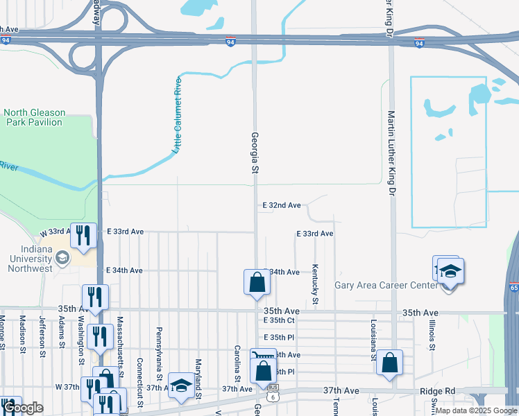 map of restaurants, bars, coffee shops, grocery stores, and more near 3262 Georgia Street in Gary