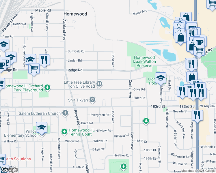 map of restaurants, bars, coffee shops, grocery stores, and more near 1325 Olive Road in Homewood