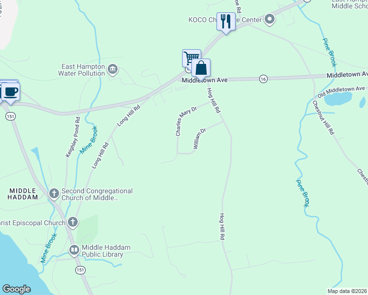 map of restaurants, bars, coffee shops, grocery stores, and more near 71 Charles Mary Drive in East Hampton