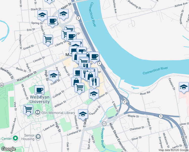 map of restaurants, bars, coffee shops, grocery stores, and more near 170 Main Street in Middletown