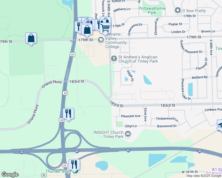 map of restaurants, bars, coffee shops, grocery stores, and more near 18234 Murphy Circle in Tinley Park