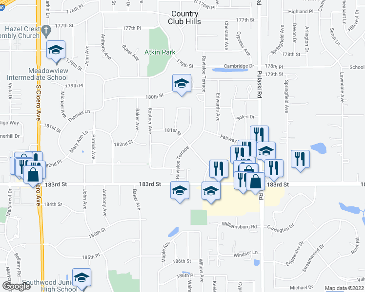 map of restaurants, bars, coffee shops, grocery stores, and more near 18203 Ravisloe Terrace in Country Club Hills