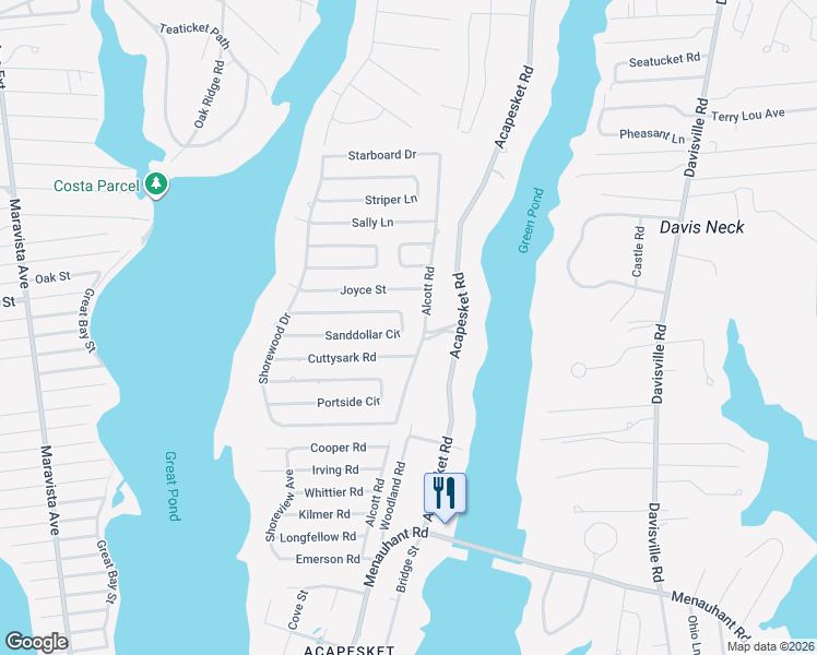 map of restaurants, bars, coffee shops, grocery stores, and more near 118 Alcott Road in Falmouth