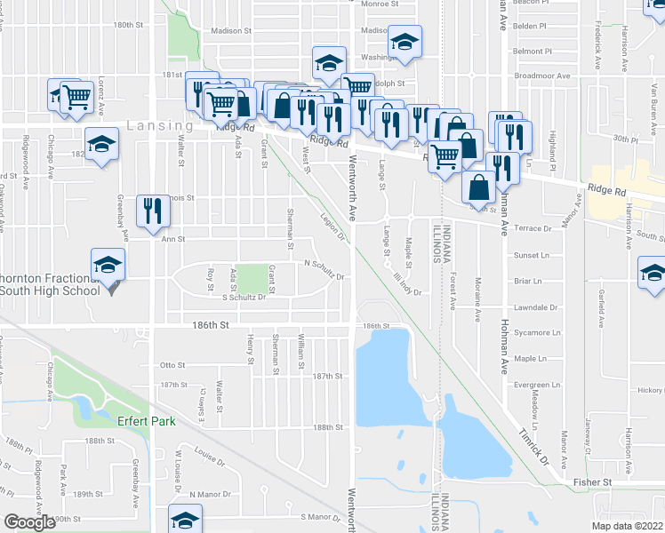 map of restaurants, bars, coffee shops, grocery stores, and more near 3468 North Schultz Drive in Lansing