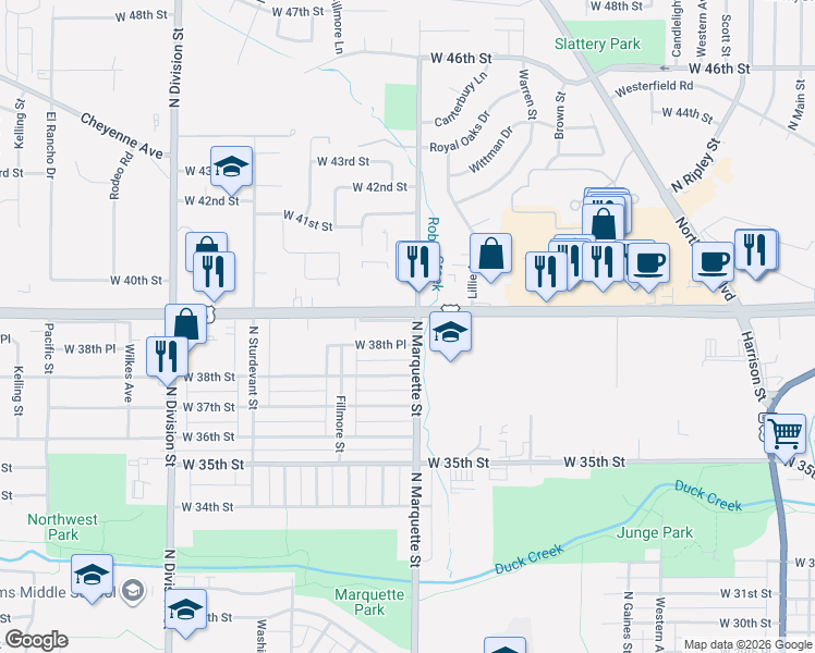 map of restaurants, bars, coffee shops, grocery stores, and more near 3801 North Marquette Street in Davenport