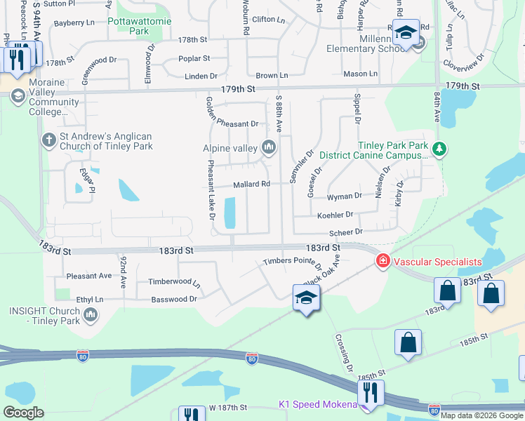 map of restaurants, bars, coffee shops, grocery stores, and more near 18219 Hummingbird Drive in Tinley Park