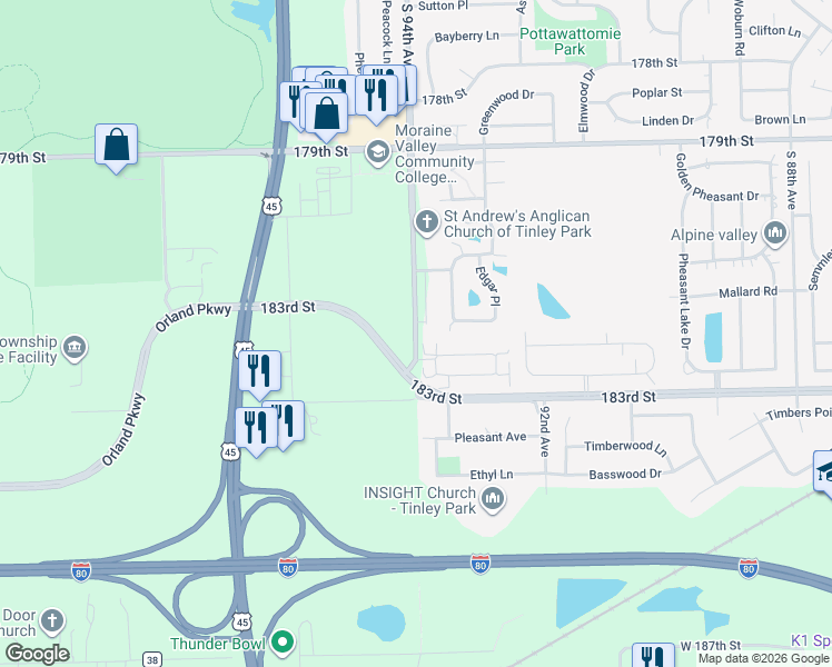 map of restaurants, bars, coffee shops, grocery stores, and more near 18234 Murphy Circle in Tinley Park