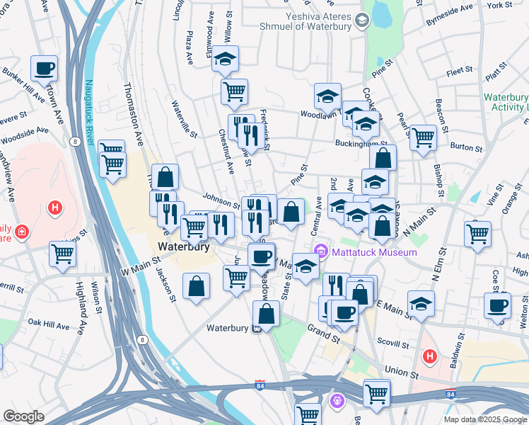 map of restaurants, bars, coffee shops, grocery stores, and more near 6 Pine Street in Waterbury