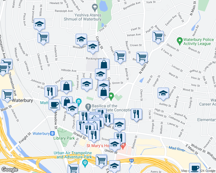 map of restaurants, bars, coffee shops, grocery stores, and more near 60 Linden Street in Waterbury