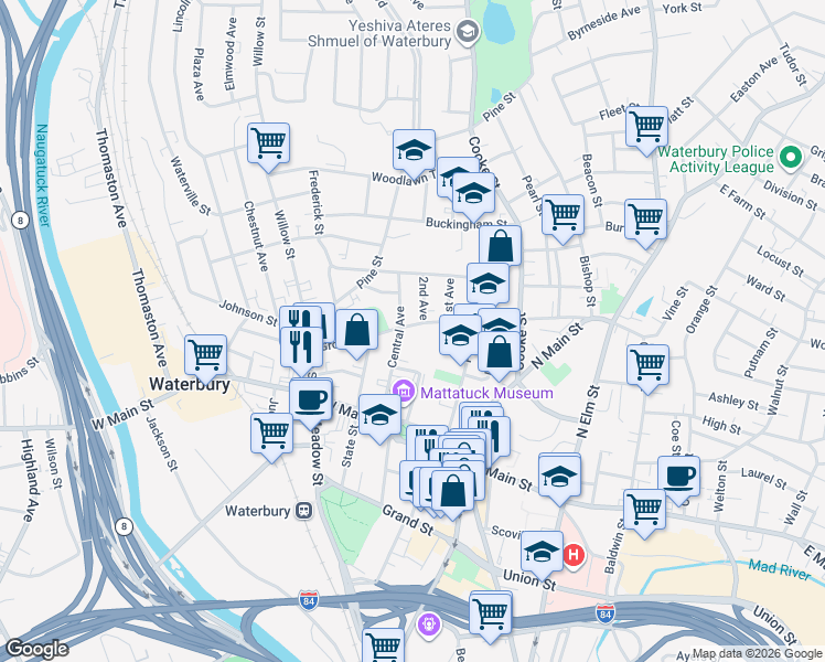 map of restaurants, bars, coffee shops, grocery stores, and more near 63 Prospect Street in Waterbury