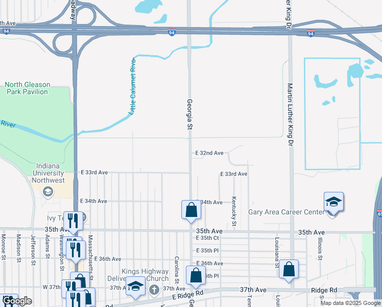 map of restaurants, bars, coffee shops, grocery stores, and more near 3262 Georgia Street in Gary