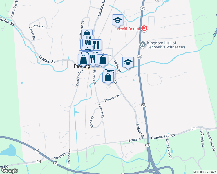 map of restaurants, bars, coffee shops, grocery stores, and more near 63 East Main Street in Pawling