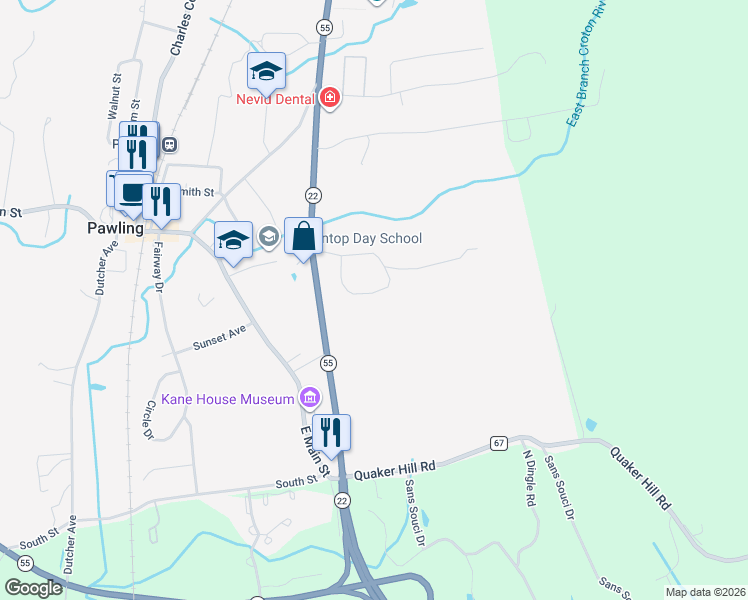map of restaurants, bars, coffee shops, grocery stores, and more near 36 Taber Knolls Road in Pawling