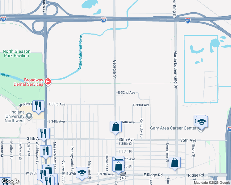 map of restaurants, bars, coffee shops, grocery stores, and more near 3262 Georgia Street in Gary