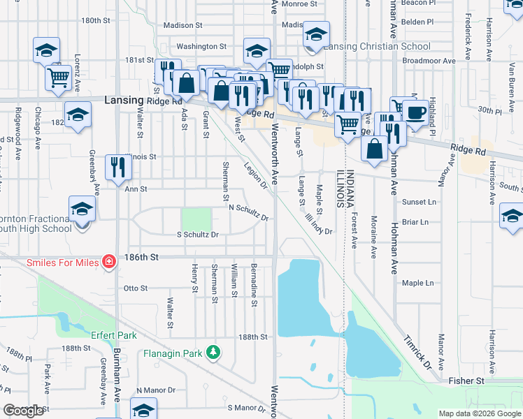 map of restaurants, bars, coffee shops, grocery stores, and more near 3464 South Schultz Drive in Lansing