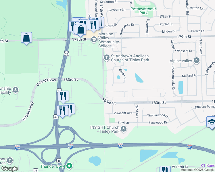 map of restaurants, bars, coffee shops, grocery stores, and more near 18234 Murphy Circle in Tinley Park