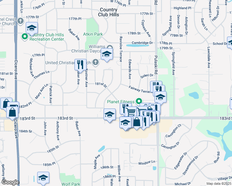 map of restaurants, bars, coffee shops, grocery stores, and more near 18151 Ravisloe Terrace in Country Club Hills