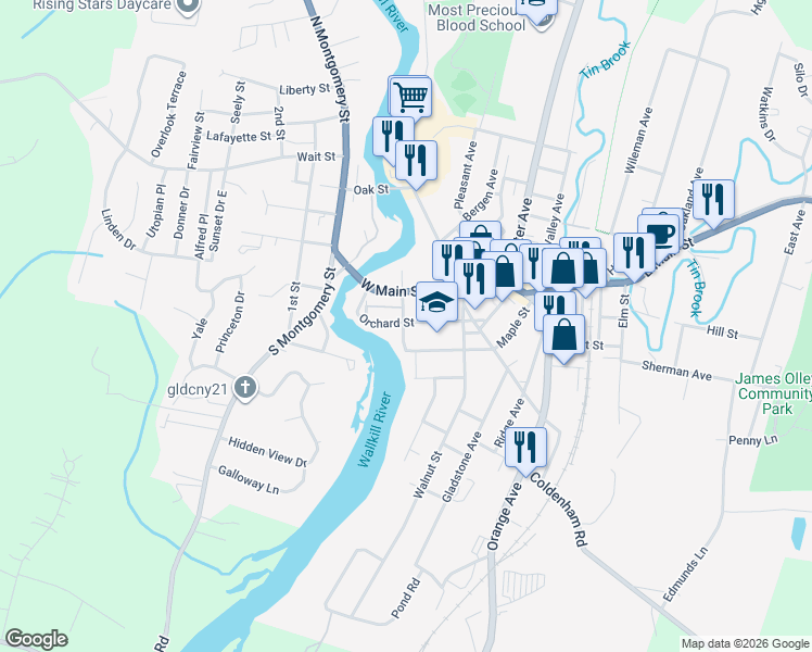 map of restaurants, bars, coffee shops, grocery stores, and more near 105 Maple Street in Walden