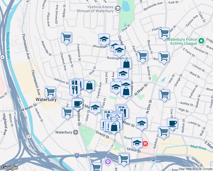 map of restaurants, bars, coffee shops, grocery stores, and more near 63 Prospect Street in Waterbury