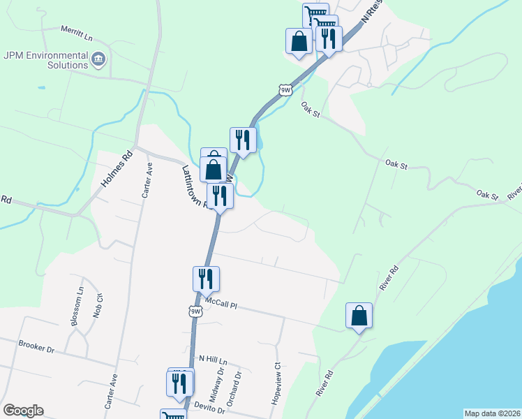 map of restaurants, bars, coffee shops, grocery stores, and more near 17 Overlook Drive in Newburgh