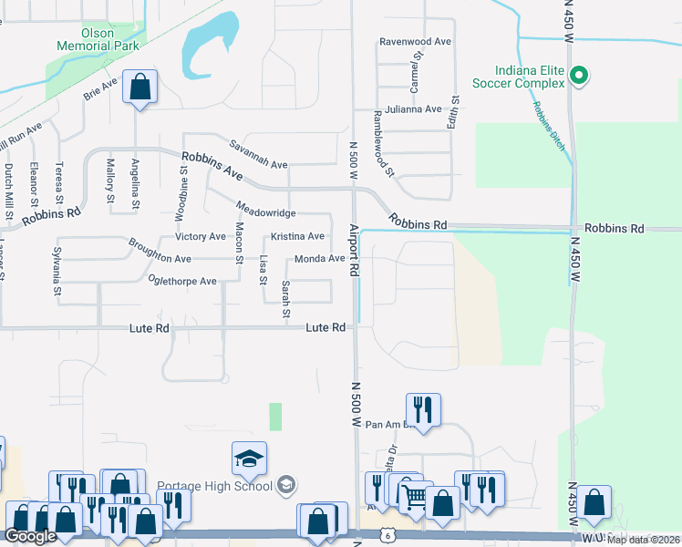 map of restaurants, bars, coffee shops, grocery stores, and more near 3148-3228 N 500 W in Portage