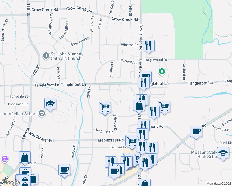 map of restaurants, bars, coffee shops, grocery stores, and more near 3582-3614 Cedarview Ct in Bettendorf