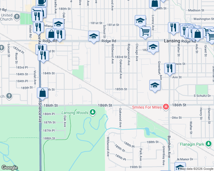 map of restaurants, bars, coffee shops, grocery stores, and more near 18447 School Street in Lansing