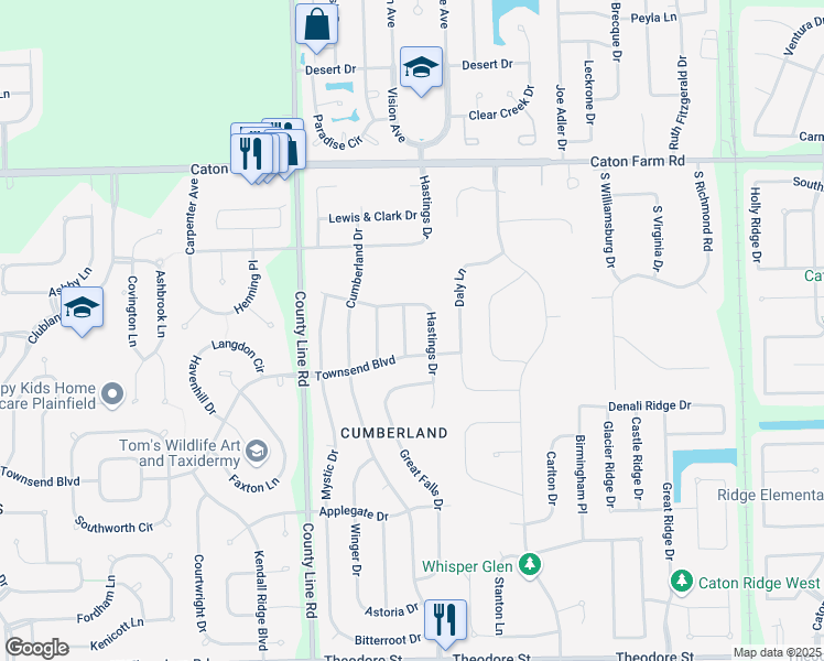 map of restaurants, bars, coffee shops, grocery stores, and more near 2105 Hastings Drive in Plainfield