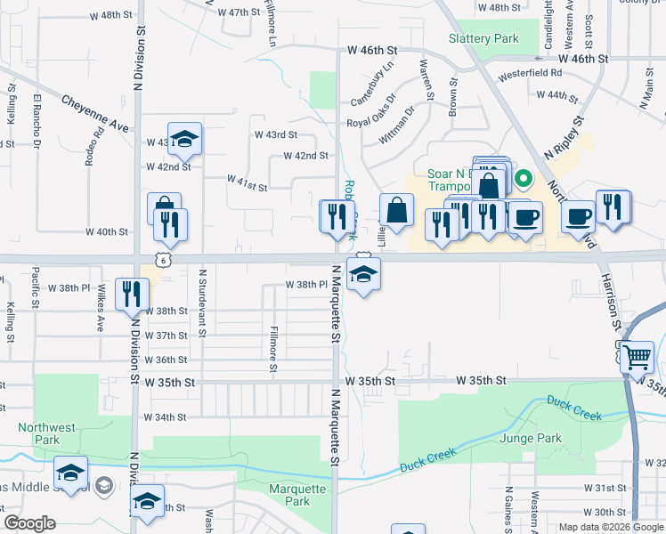 map of restaurants, bars, coffee shops, grocery stores, and more near 3834 North Marquette Street in Davenport