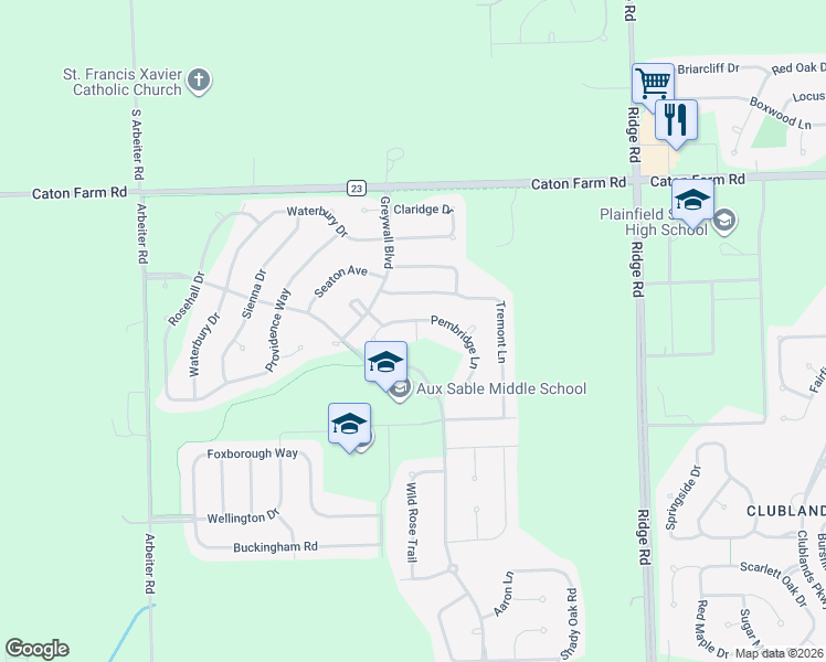 map of restaurants, bars, coffee shops, grocery stores, and more near 2205 Pembridge Lane in Joliet