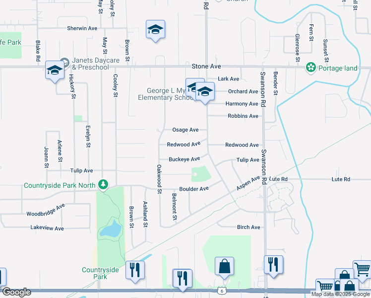 map of restaurants, bars, coffee shops, grocery stores, and more near 5452 Redwood Avenue in Portage