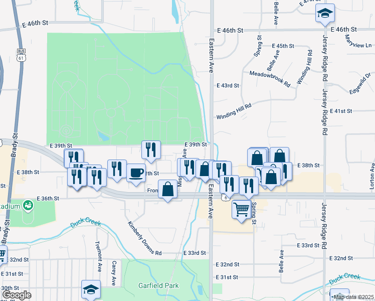 map of restaurants, bars, coffee shops, grocery stores, and more near 3827 Mississippi Avenue in Davenport